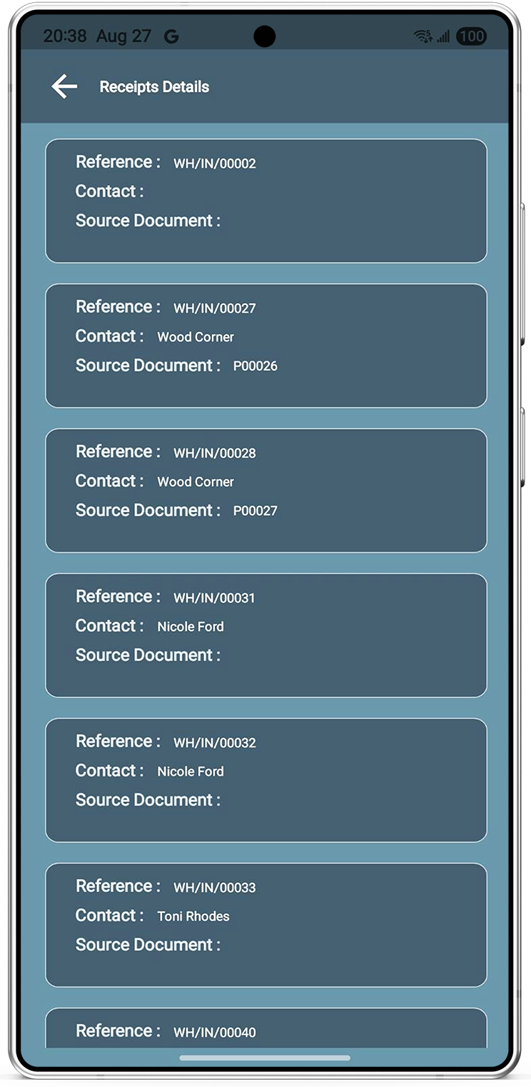 Receipt list in the WMS app