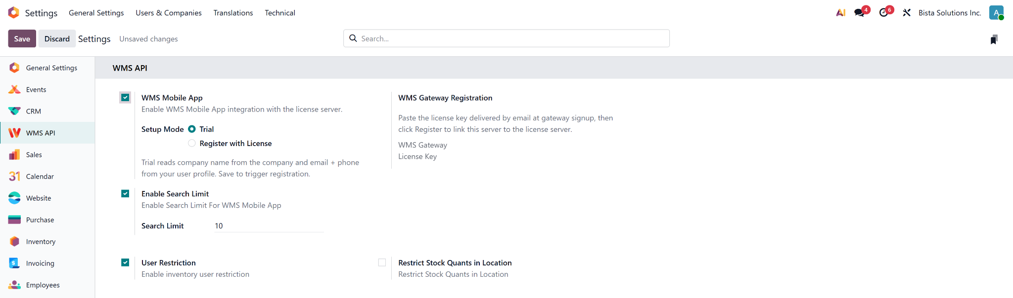 WMS Mobile App Settings